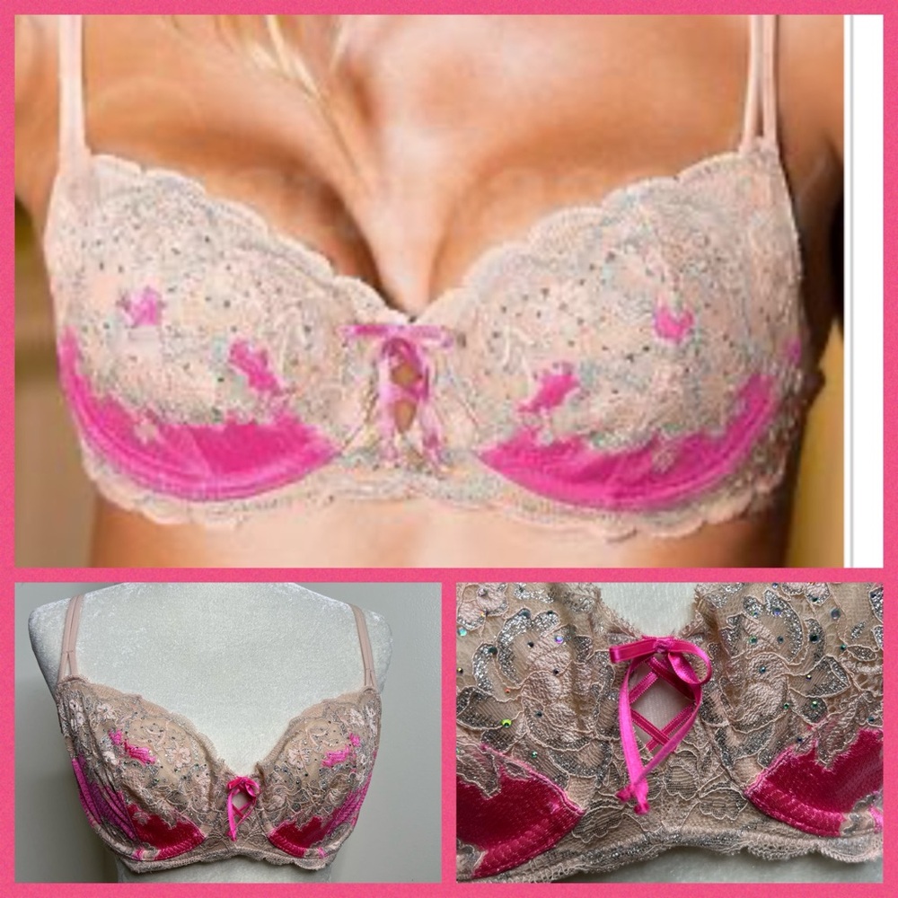 Victoria’s Secret Very Sexy Unlined Demi Bra Size 36D Beige Pink Lace Rhinestone